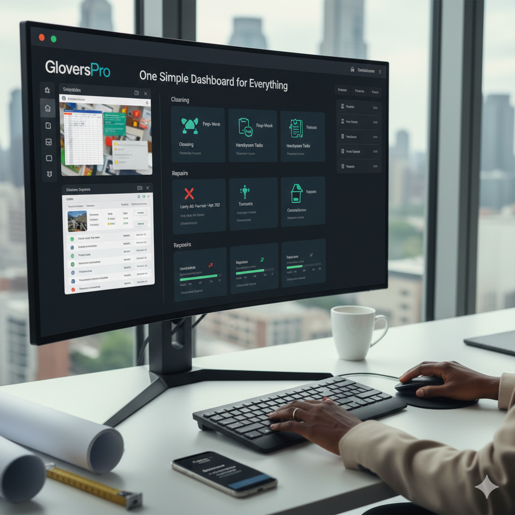GloversPro Business interface showing job details, unit tracking, contractor status, and before/after photos for property maintenance management